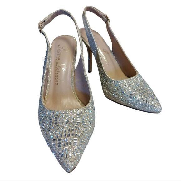Lauren Lorraine Rachel Nude Crystal Shimmer Sling Back Heels Size 8 NIB - Picture 6 of 16